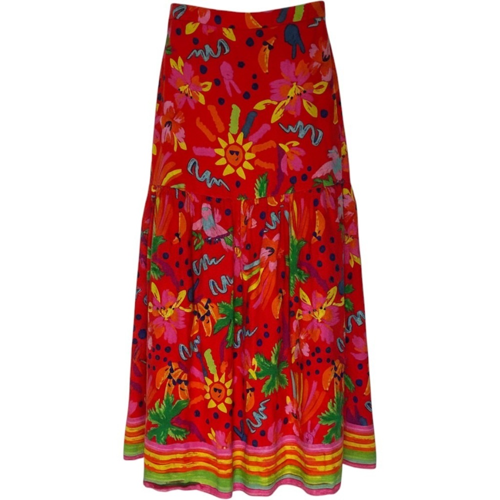 Maison d'Amelie Paris Maxi Skirt Womens Medium Red Tropical Floral Tiered Sun